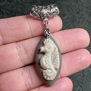 Hand Carved Seahorse Hippocampus Jasper Stone Pendant